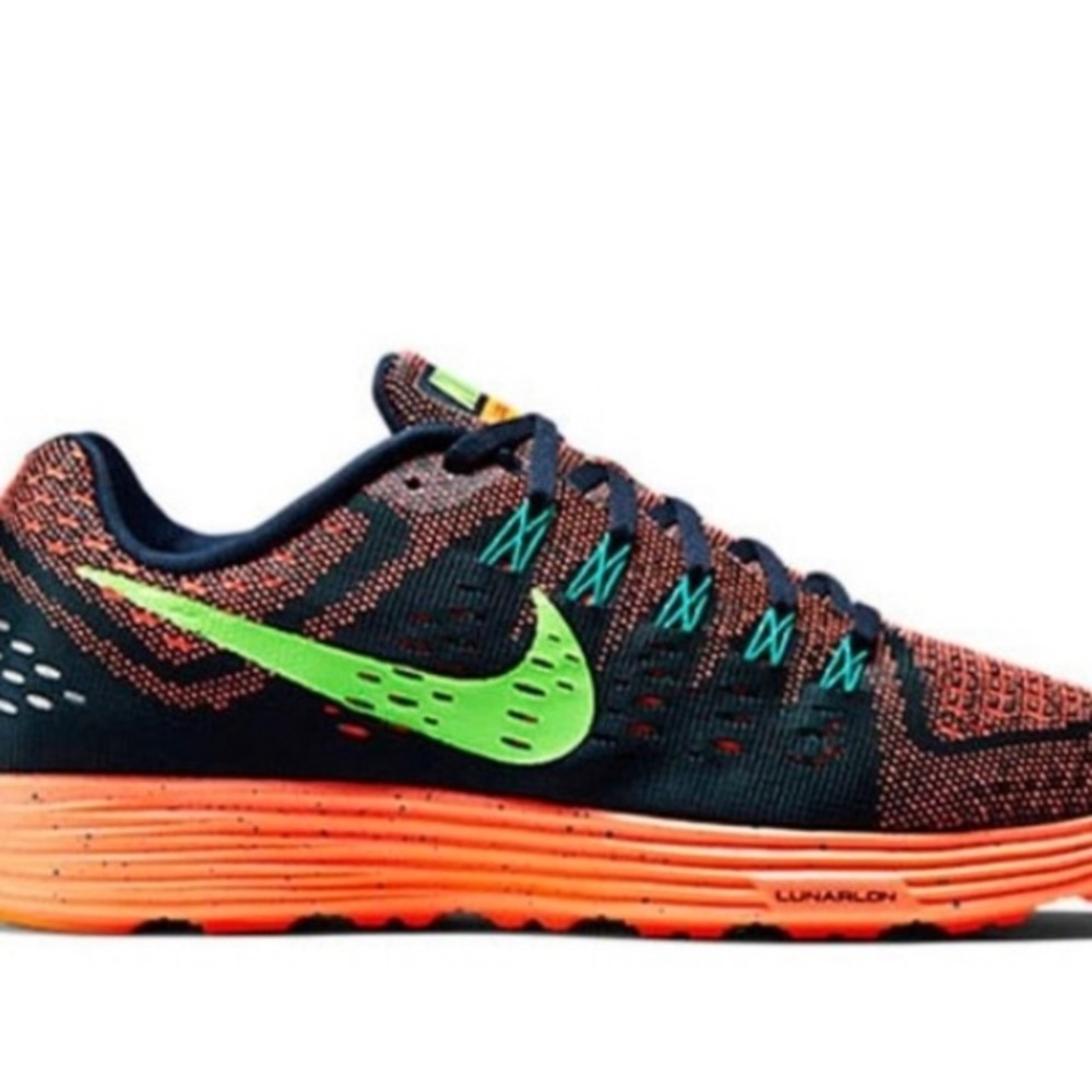 NIKE Men’s Lunartempo Dark Obsidian/Orange/Voltage Green Sneakers.. Size:9.5